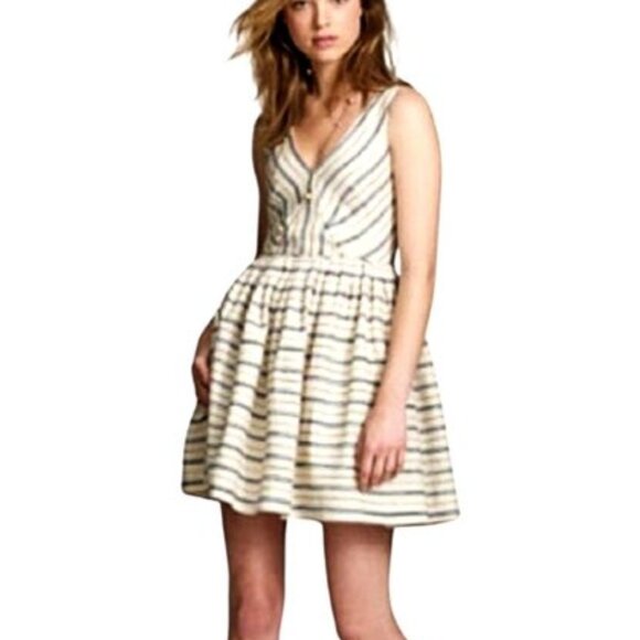 ✨ J.Crew Cream & Black Stripe V-Neck Mini Dress – Size 6P - Picture 1 of 13